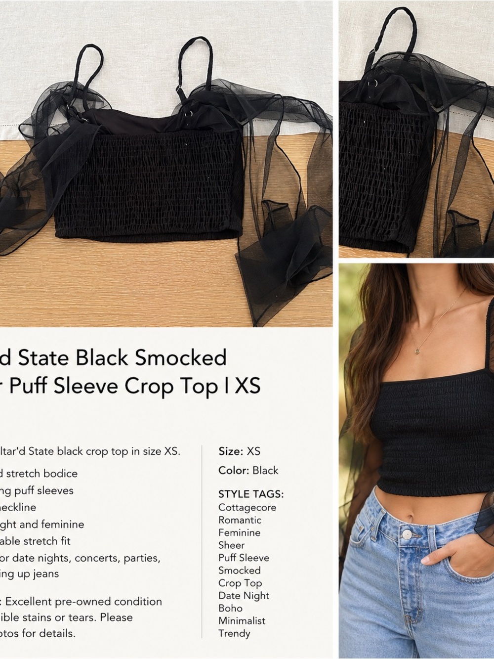 Altar'd State Black Smocked Sheer-Puff Sleeve Crop Top